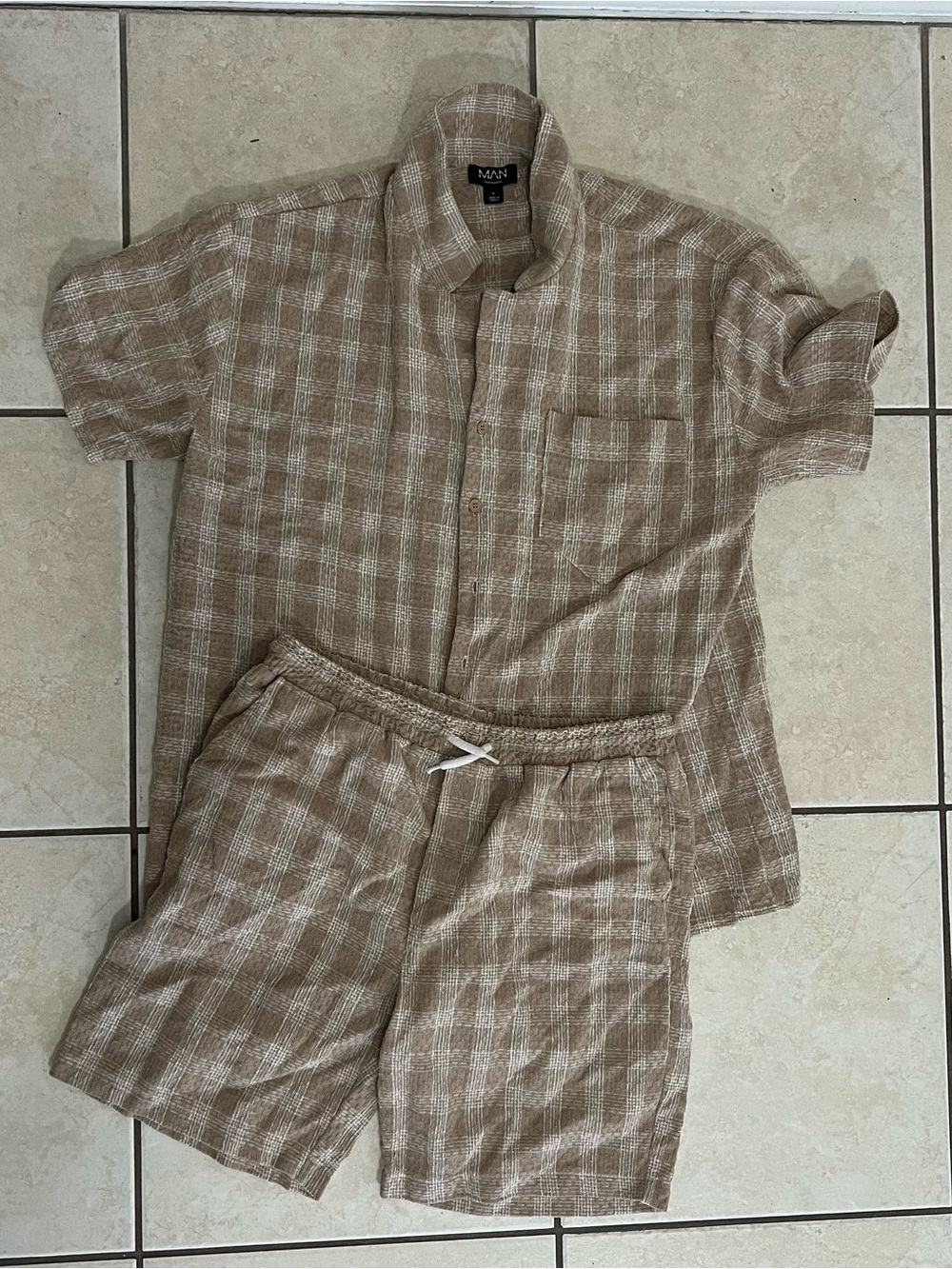 MAN Relaxed Fit Beige Plaid Short Set - Short Sleeve Shirt & Drawstring Shorts